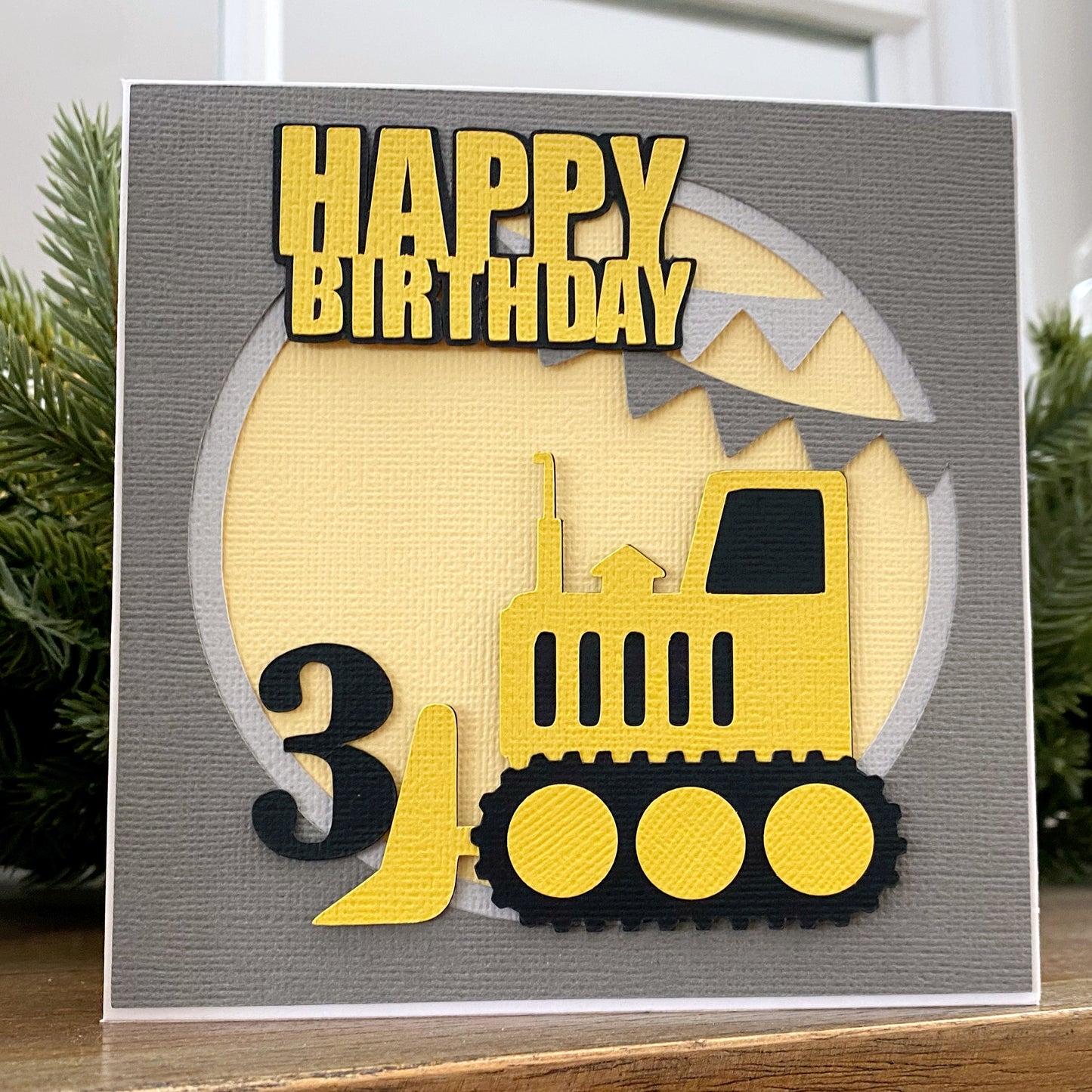 Age Construction Happy Birthday card, digger, truck, dozer.