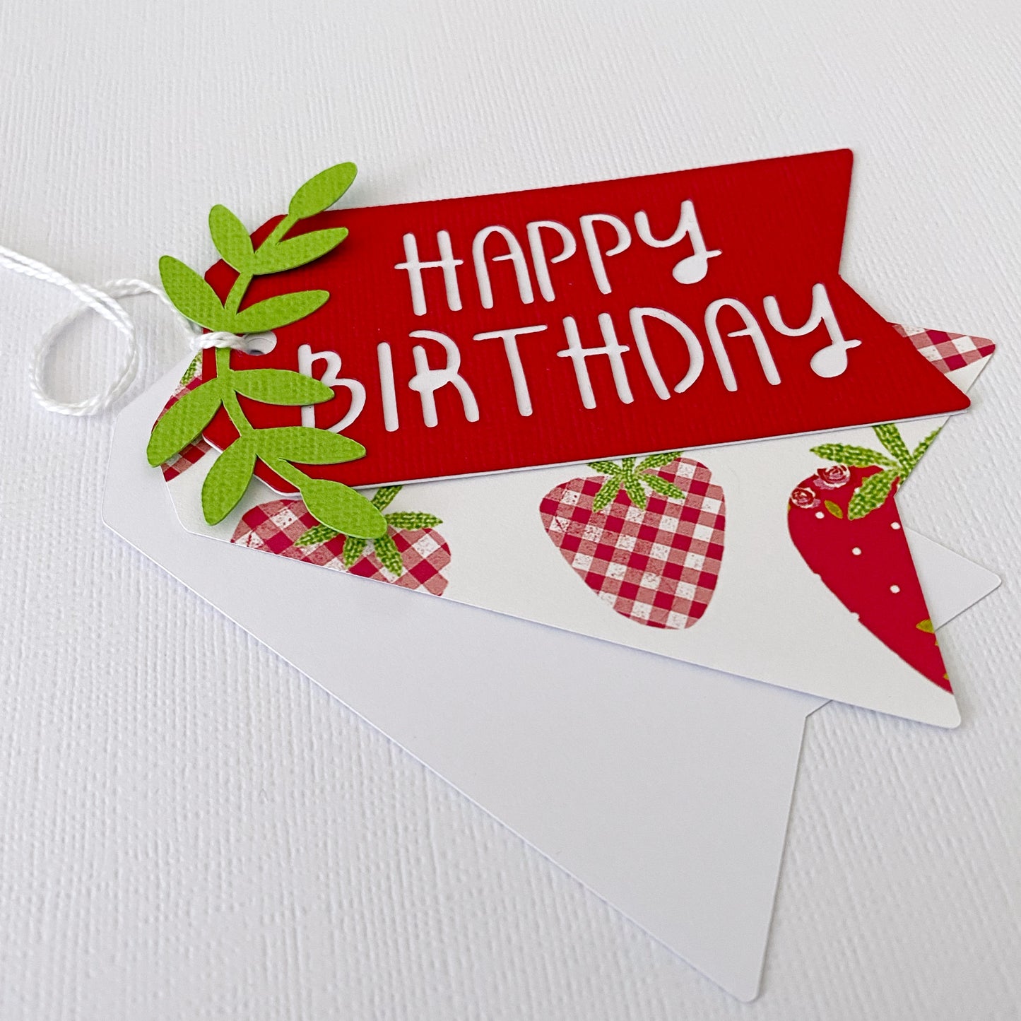 Happy Birthday gift tags, red with strawberry pattern.