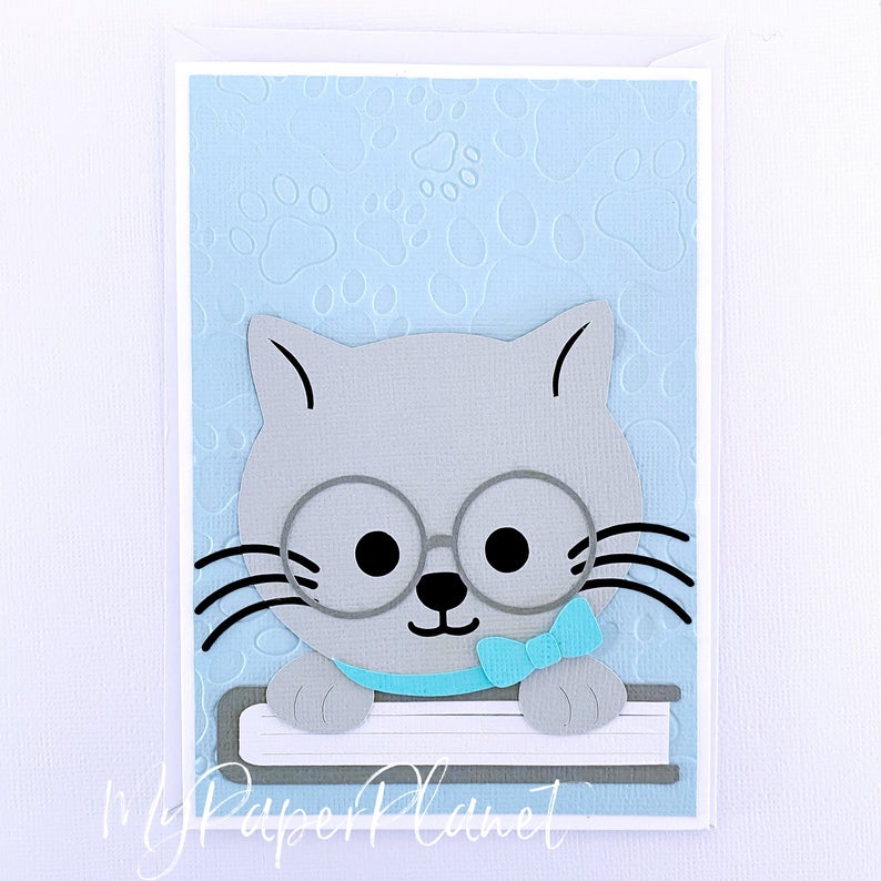 Cat with Book greeting card. Kitty birthday card.