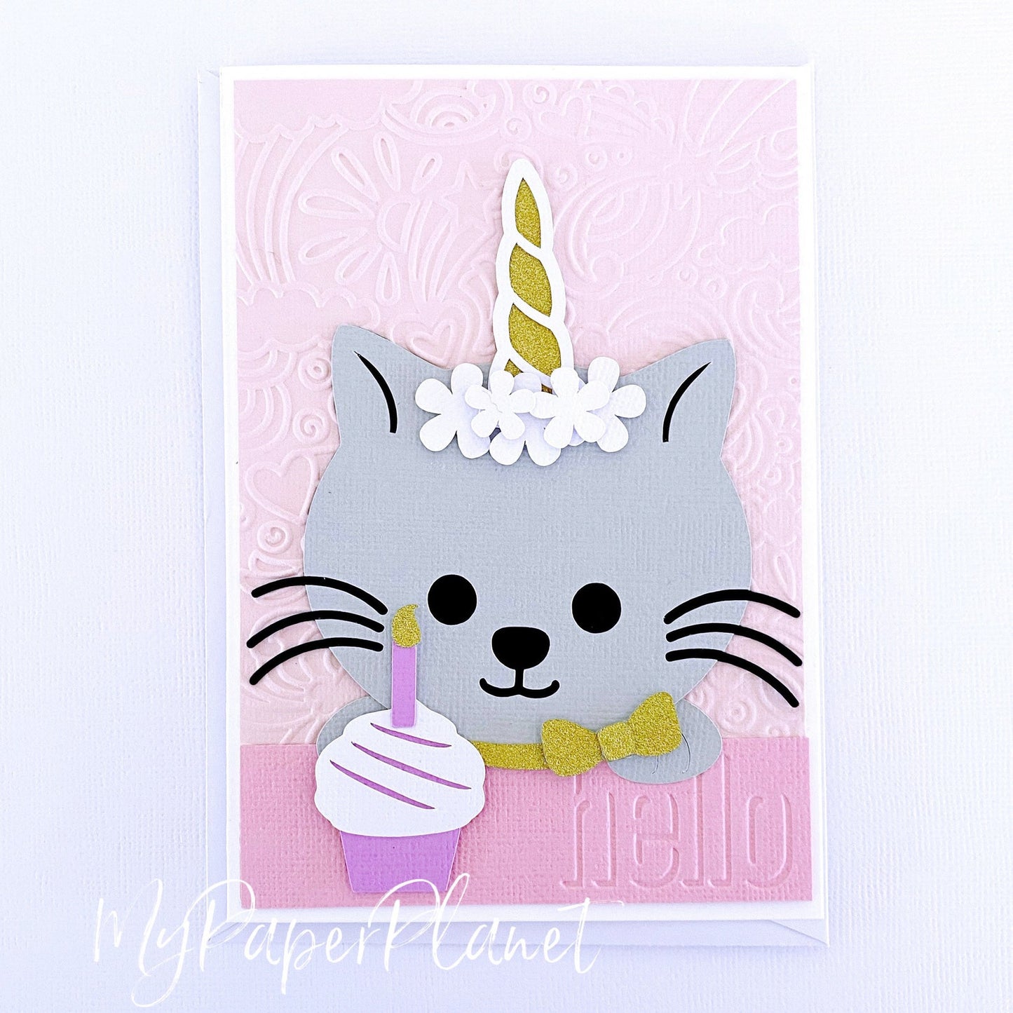 Caticorn greeting card. Unicorn cat cupcake birthday card.