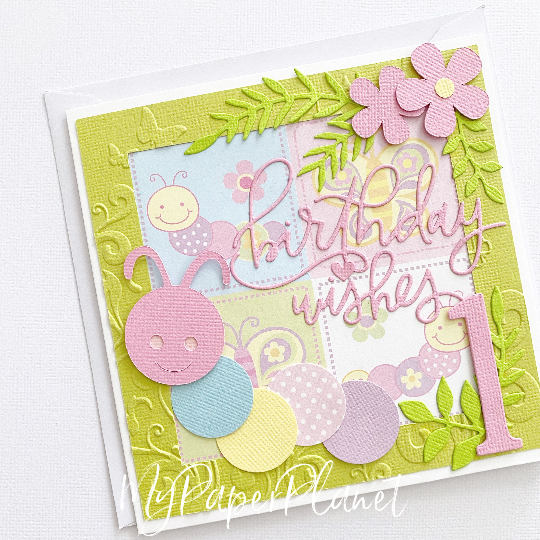 Caterpillar Pastel birthday card. First birthday, butterflies and flowers.