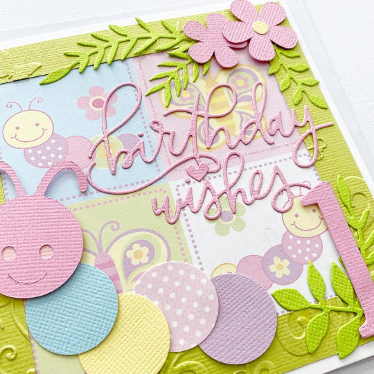 Caterpillar Pastel birthday card. First birthday, butterflies and flowers.