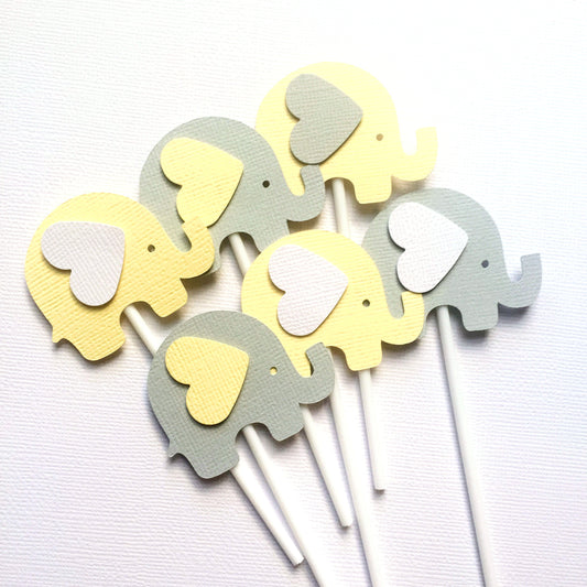 Elephant Cupcake Toppers Pastel Yellow and Grey