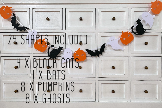 Halloween banner. Trick or treat, Holiday decor, ghost, black cat, pumpkin, bats.