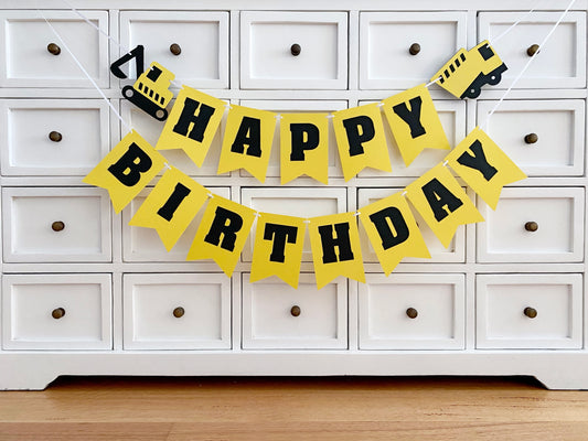 Construction Truck Digger Happy Birthday banner.