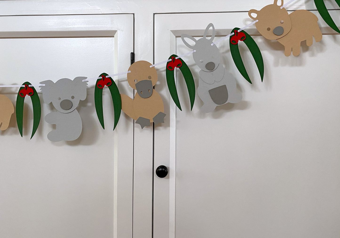Australian Animal Garland. Koala, kangaroo, wombat, platypus, gum leaf.