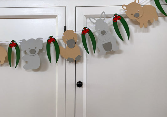Australian Animal Garland. Koala, kangaroo, wombat, platypus, gum leaf.