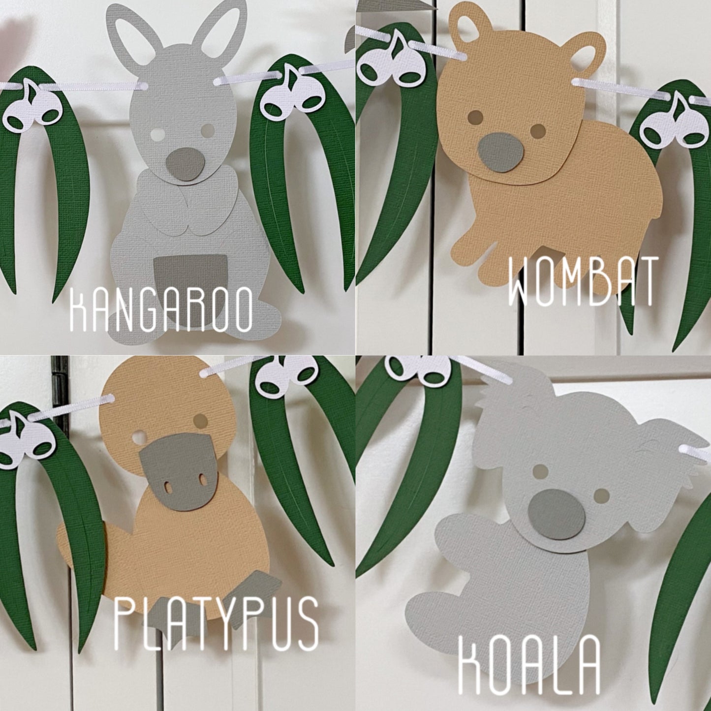 Australian Animal Garland. Koala, kangaroo, wombat, platypus, gum leaf.