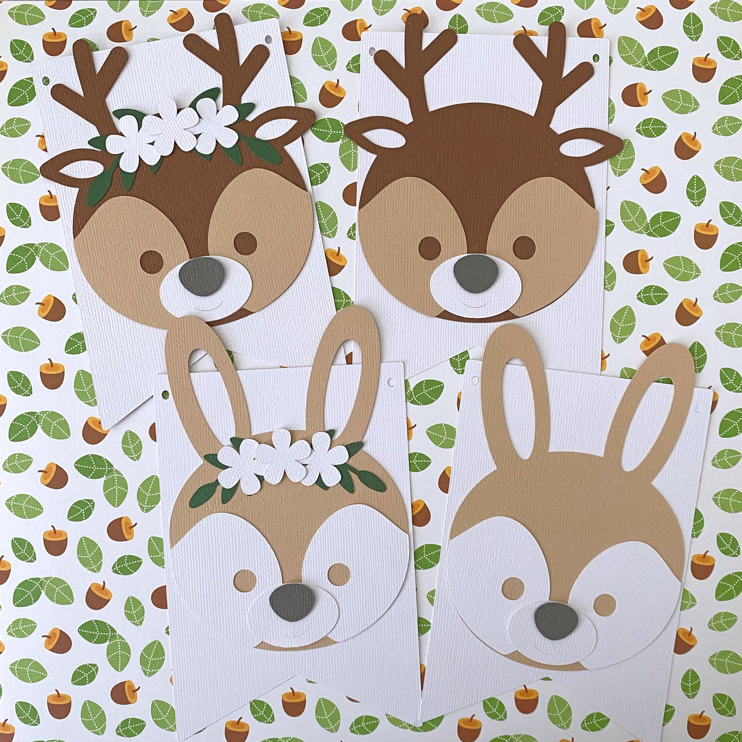 Woodland ONE pennant banner. Forest animals with floral crown.