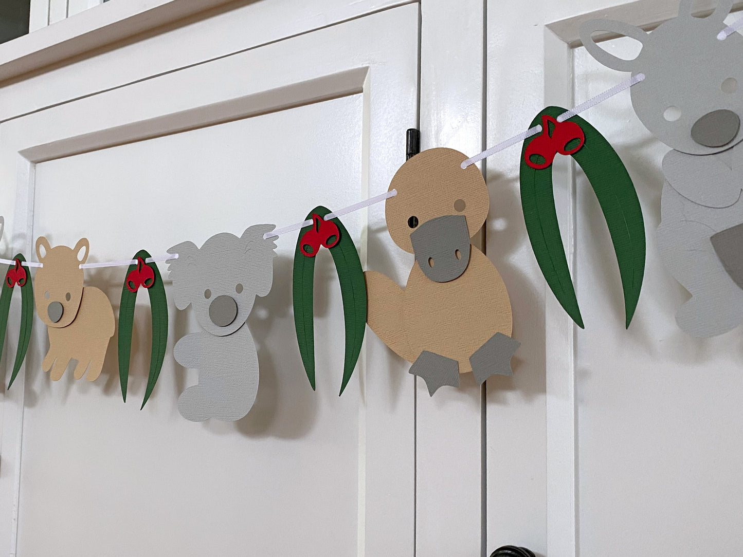 Australian Animal Garland. Koala, kangaroo, wombat, platypus, gum leaf.