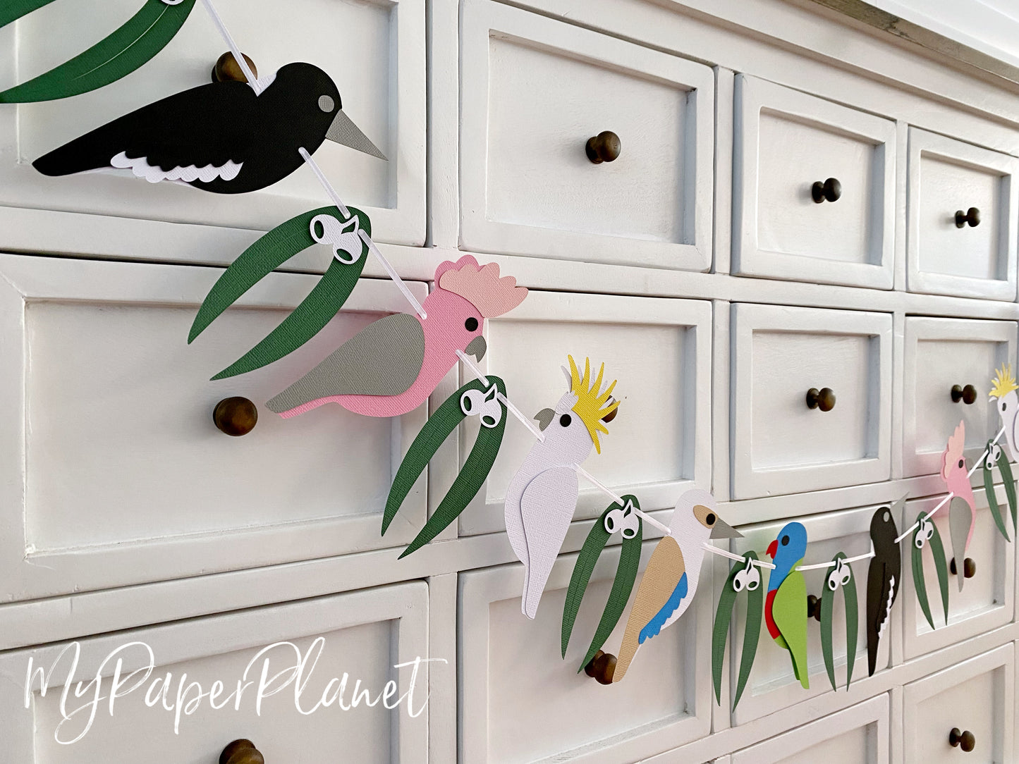 Australian Native Birds Garland. Kookaburra, galah, lorikeet, magpie, crested cockatoo, gum leaf.