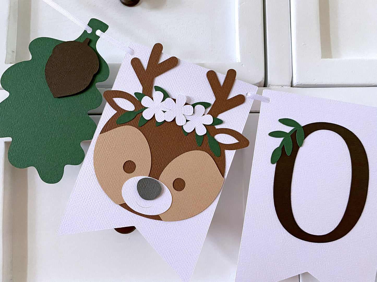 Woodland ONE pennant banner. Forest animals with floral crown.