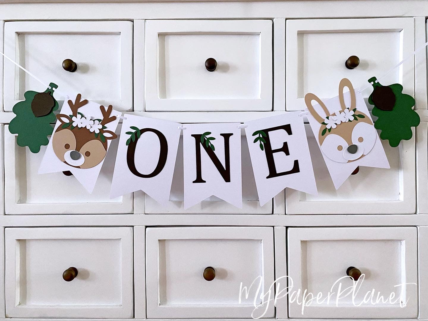 Woodland ONE pennant banner. Forest animals with floral crown.