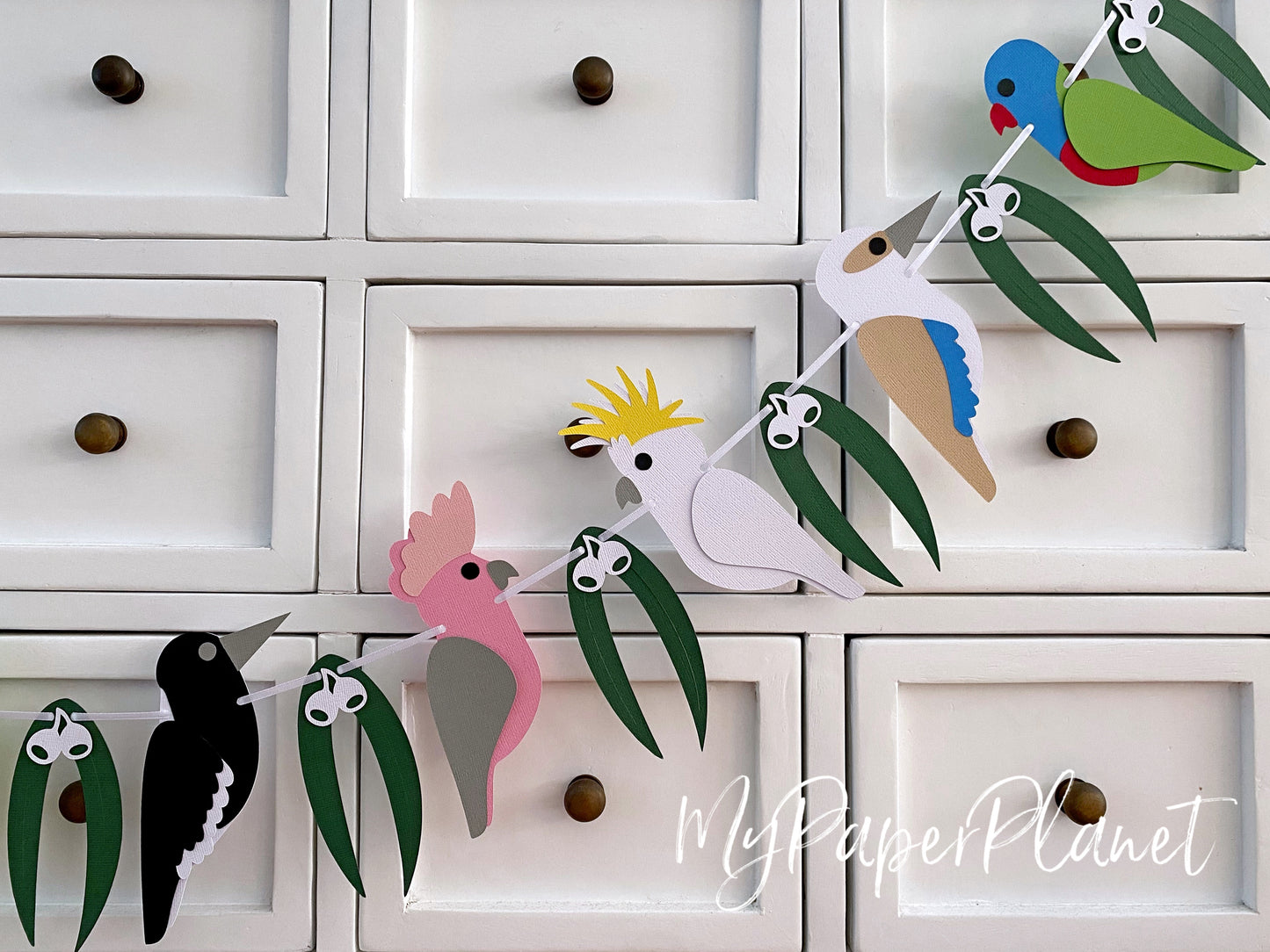 Australian Native Birds Garland. Kookaburra, galah, lorikeet, magpie, crested cockatoo, gum leaf.