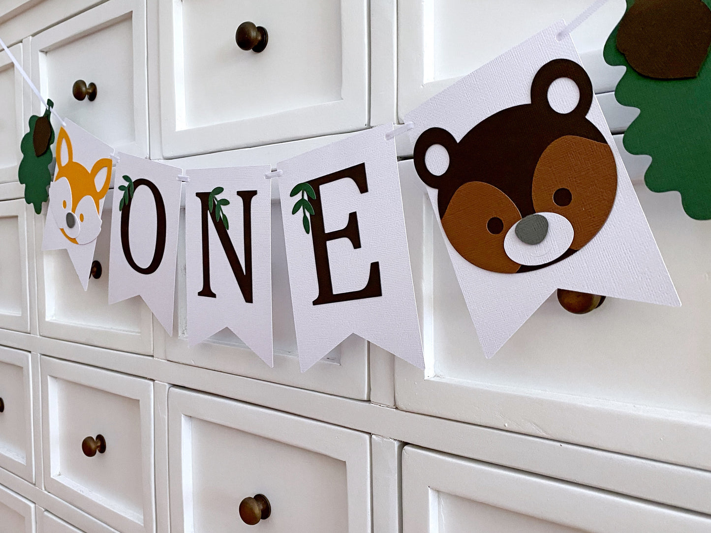 Woodland ONE pennant banner. Forest animals.