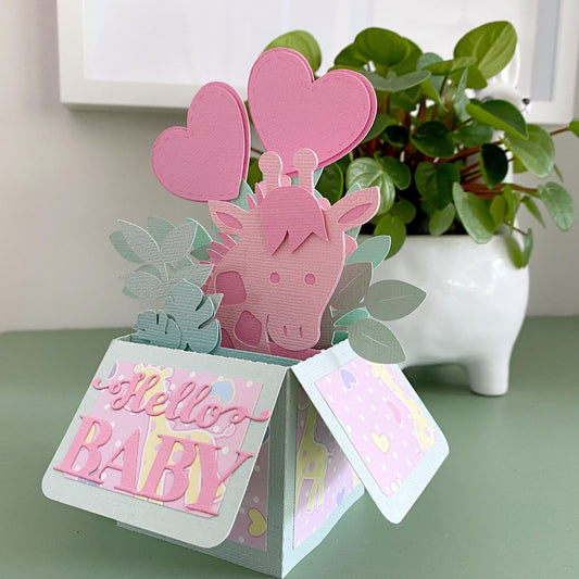 Baby giraffe box card, pink or blue. New baby pop up card.