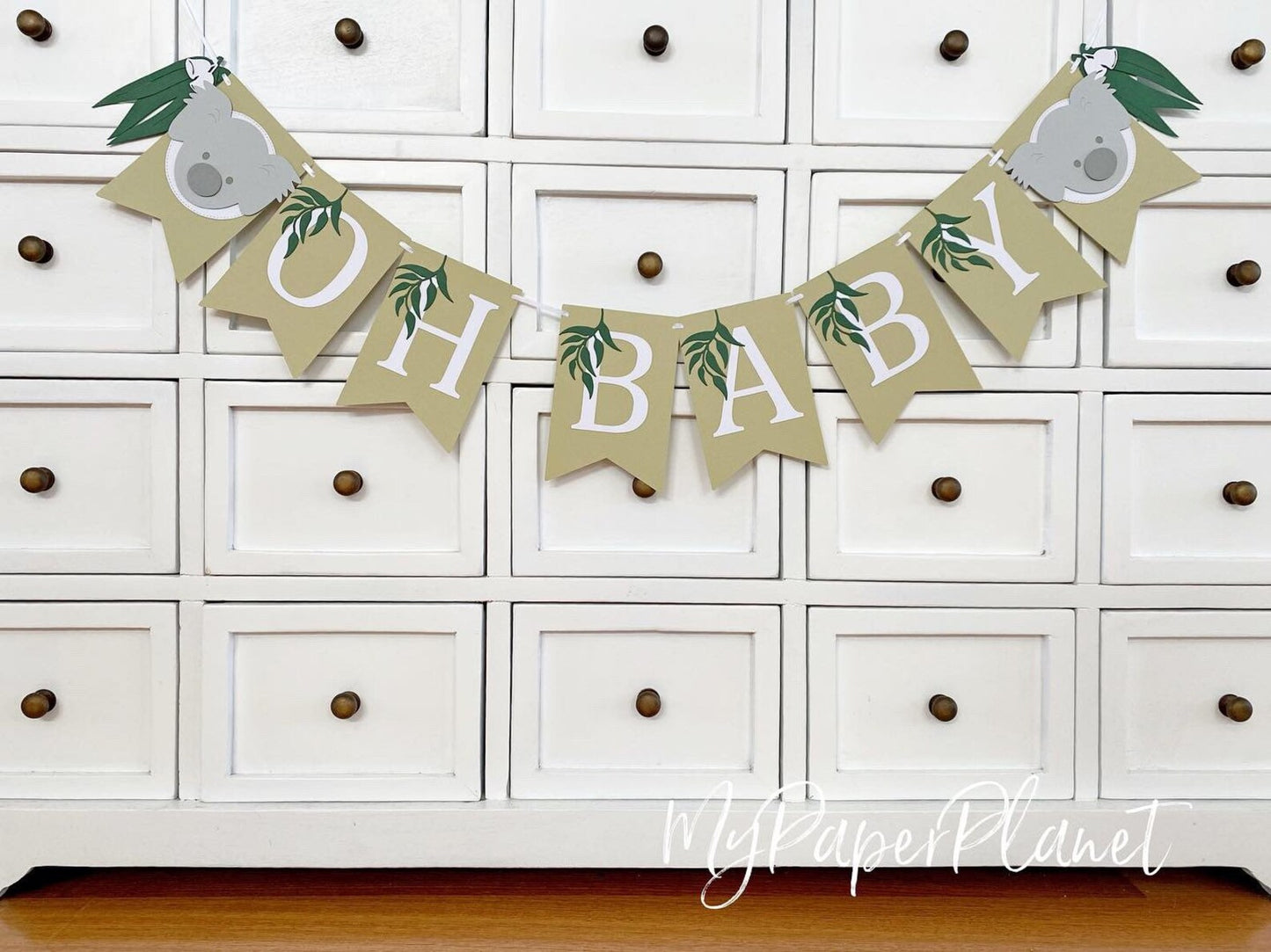 Koala OH BABY Gum Leaf Banner. Baby shower banner.