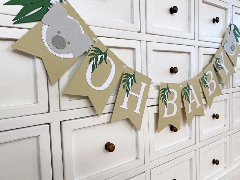 Koala OH BABY Gum Leaf Banner. Baby shower banner.