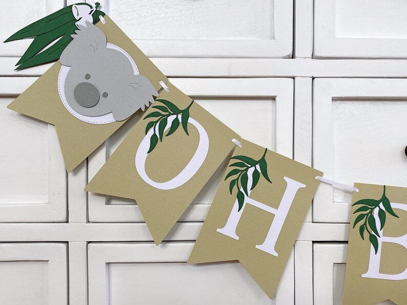 Koala OH BABY Gum Leaf Banner. Baby shower banner.