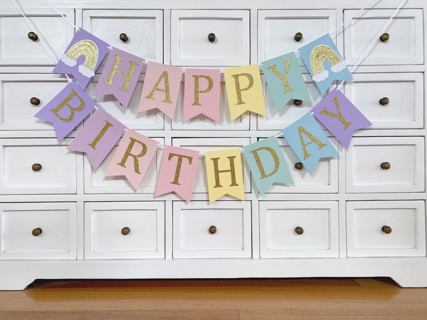 Pastel Rainbow Happy Birthday banner.