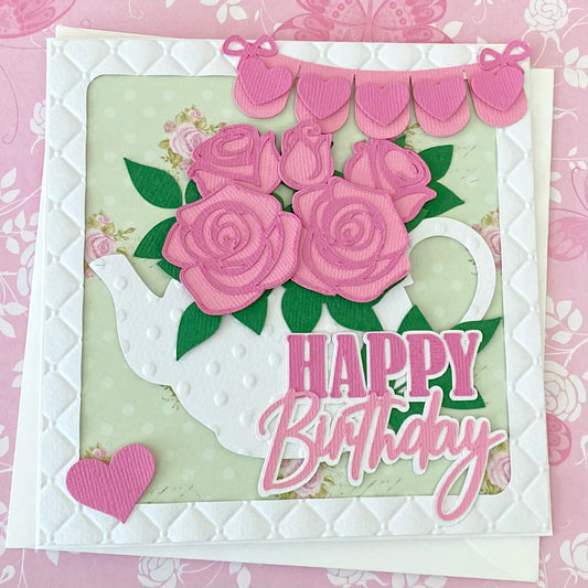 Teapot and Roses Birthday card.