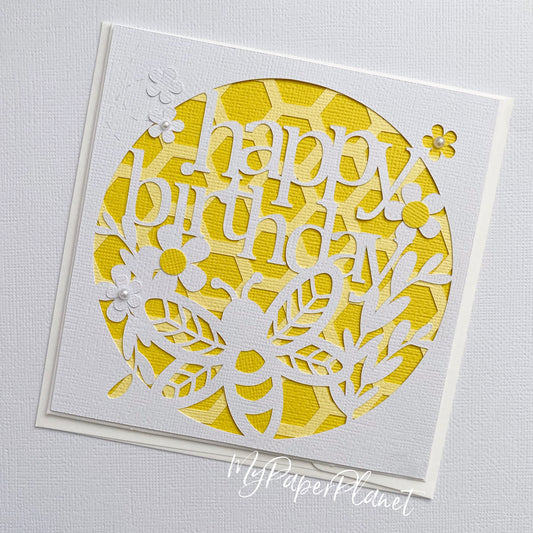 Bee Happy Birthday card. Floral greeting card.