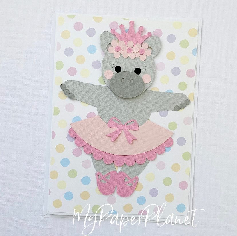 Ballerina Hippo Card, new baby or birthday card.