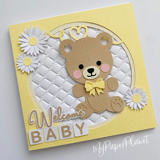 Teddy bear new baby card, welcome baby.