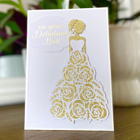 On your debutante ball, gold white debutante card.