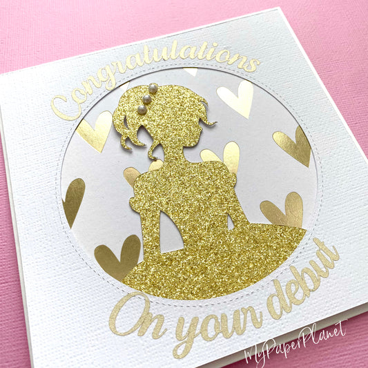Congratulations on your debut, gold white debutante card