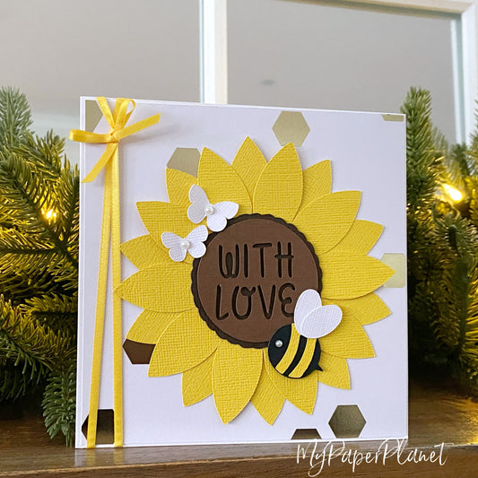 Sunflower card with bee, happy bday, with love, for you.