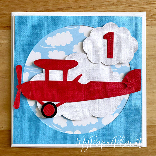 Red airplane birthday card, vintage plane.