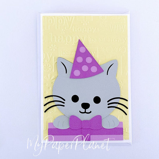 Party Cat with Gift greeting card. Kitty birthday card.