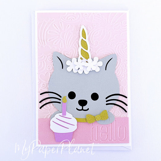 Caticorn greeting card. Unicorn cat cupcake birthday card.