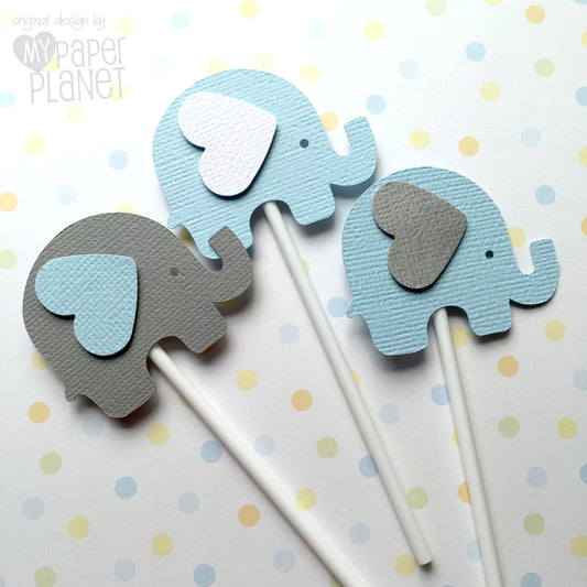 Elephant Cupcake Toppers Light Blue and Grey