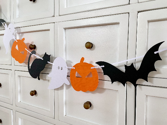 Halloween banner. Trick or treat, Holiday decor, ghost, black cat, pumpkin, bats.