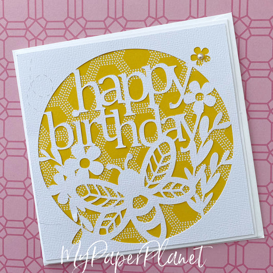 Bee Happy Birthday card. Floral greeting card.