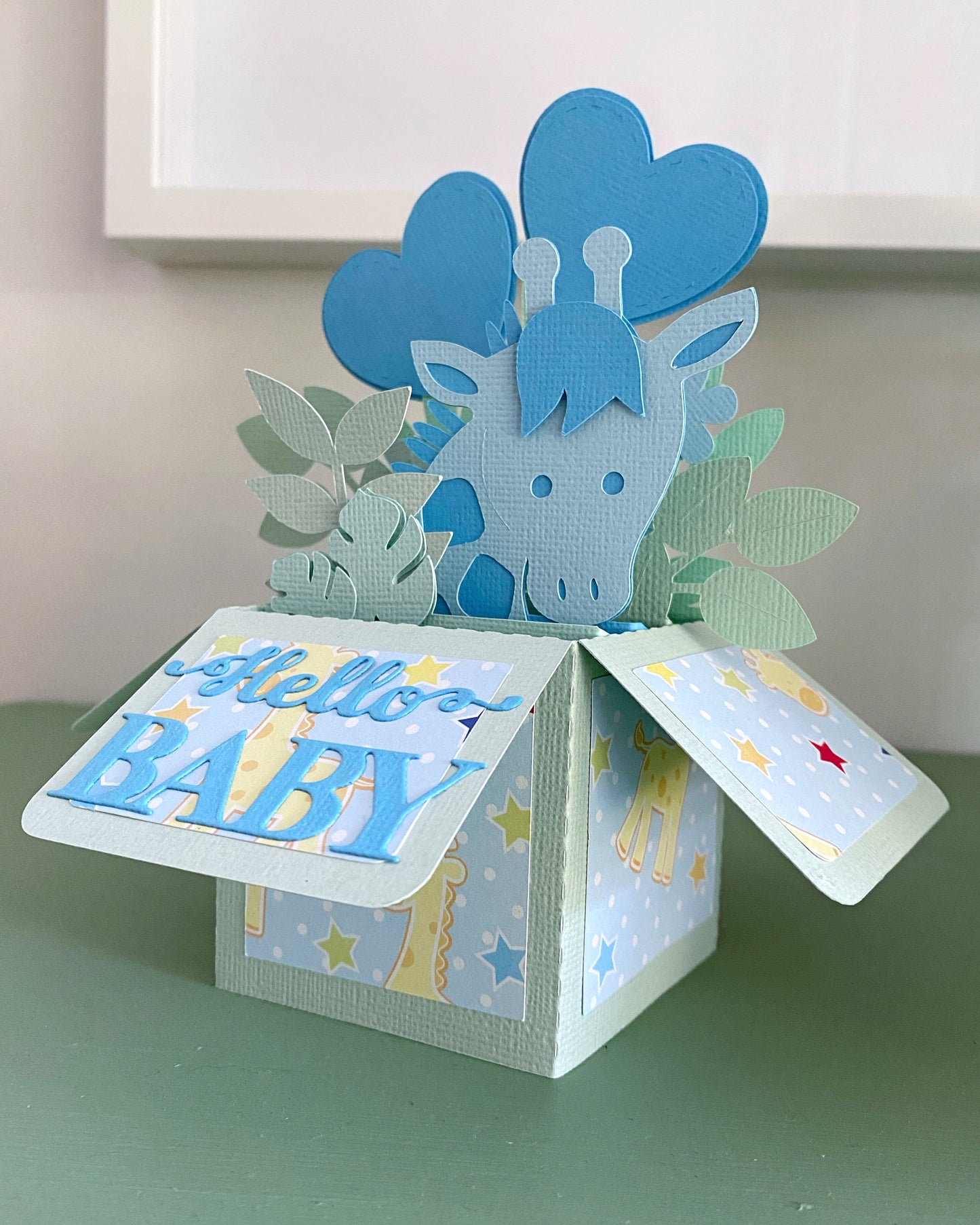 Baby giraffe box card, pink or blue. New baby pop up card.