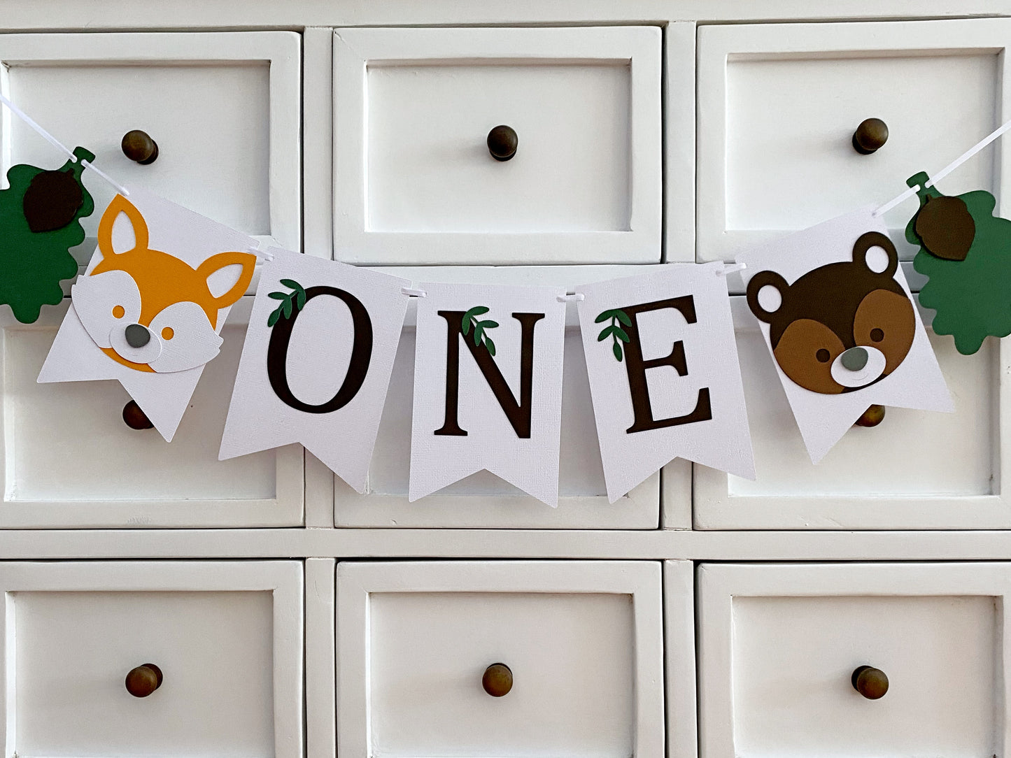 Woodland ONE pennant banner. Forest animals.