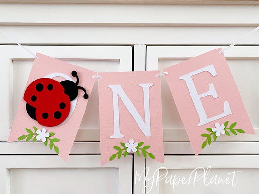 Lady Bug high chair banner. ONE, first birthday bunting. Little ladybug.