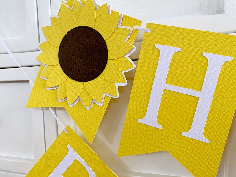 Sunflower Happy Birthday party banner. Flower, floral bunting.